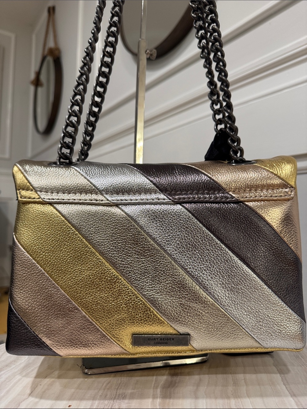 Kurt Geiger Bag Large Kensington Metallic Gold Silver Gray Stripe Shoulder Bag - Picture 9 of 17